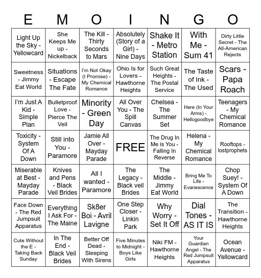 Emo Bingo Card