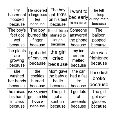 Cause and Effect Bingo Card