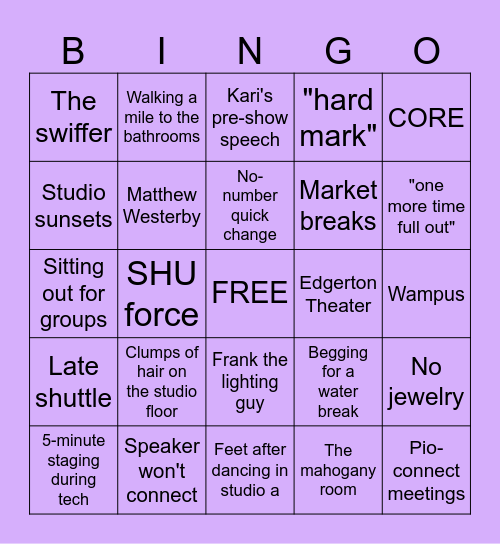 SHU DANCE ENSEMBLE BINGO Card