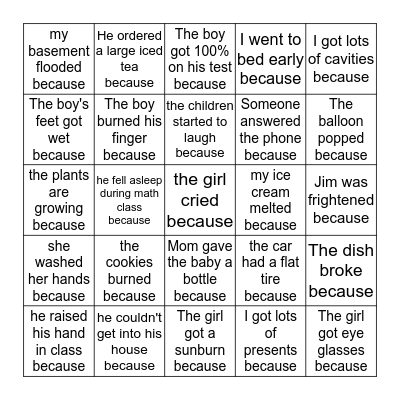 Cause and Effect Bingo Card