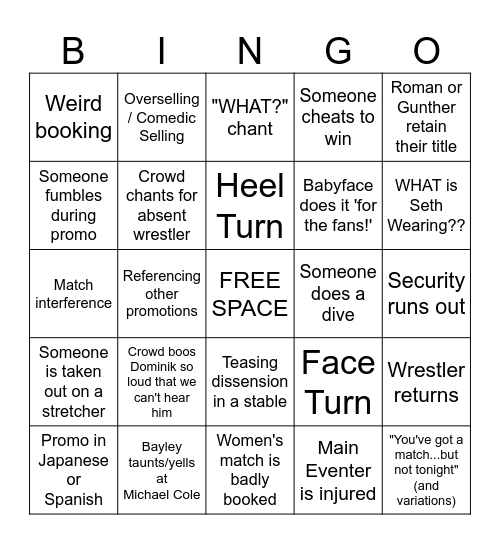 WWE Bingo Card