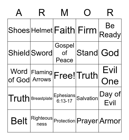 Armor of God Bingo Card