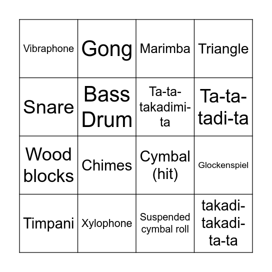 Orchestral Percussion Bing Bingo Card