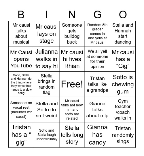 7th grade musical theater major Bingo Card