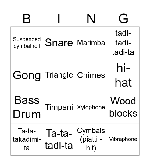 Percussion Bingo Card