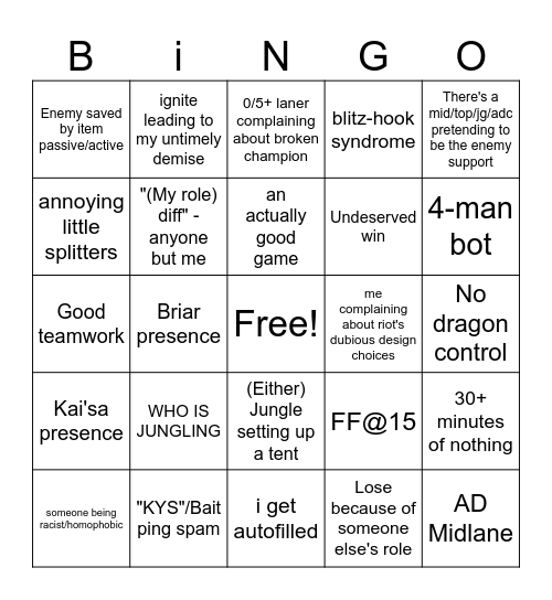 The League RANKED Experience BINGO Card