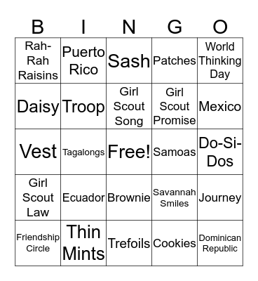 World Thinking Day Bingo Card