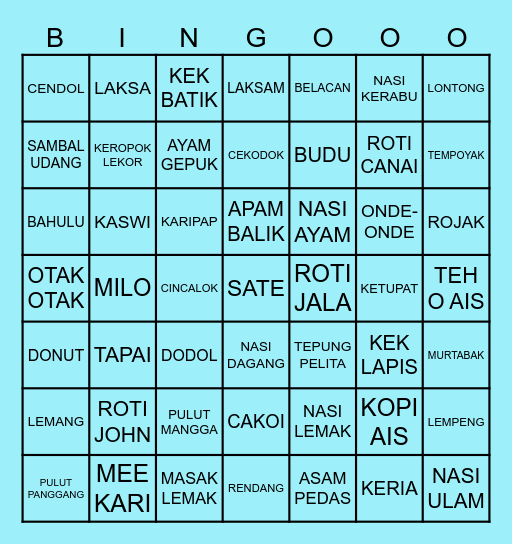 Makanan Malaysian Bingo Card