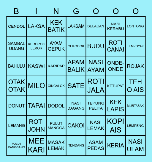 Makanan Malaysian Bingo Card