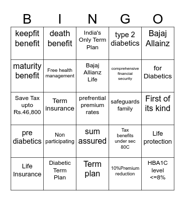 BALIC - Diabetic Term Plan Bingo Card