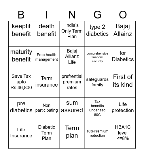 BALIC - Diabetic Term Plan Bingo Card