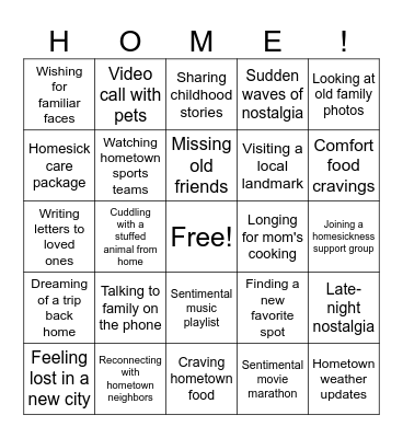 HOMESICKNESS BINGO Card