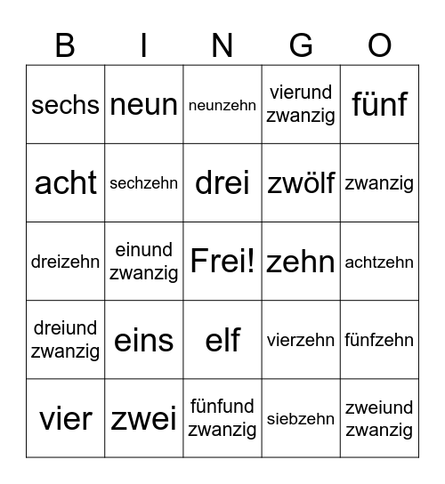 Deutsche Zahlen Bingo Card