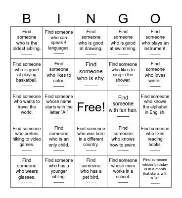 Getting to know you in English! Bingo Card