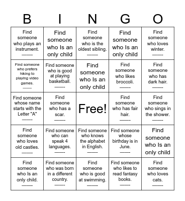 Getting to know you Bingo Card