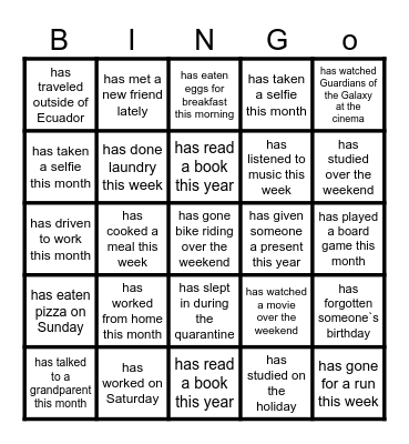 PRESENT PERFECT- Get to know your classmates Bingo Card