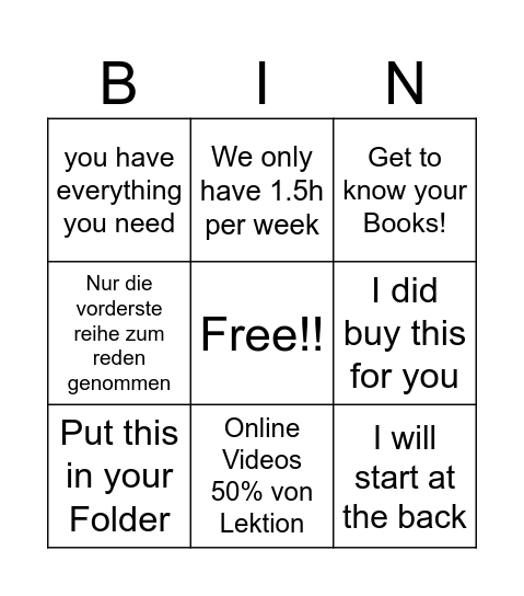 English Bingo Card