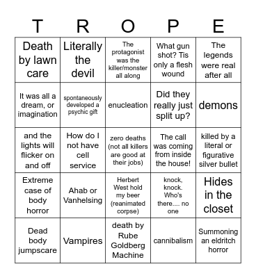 Horror Movie Trope-O Bingo Card