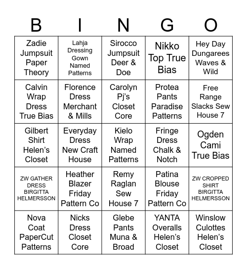 Sew Scottish Dressmakers Bingo Card