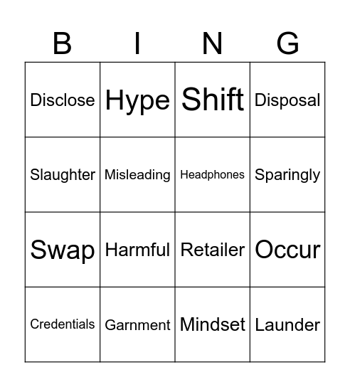 ANG110 - Vocabulary Revision 1 Bingo Card