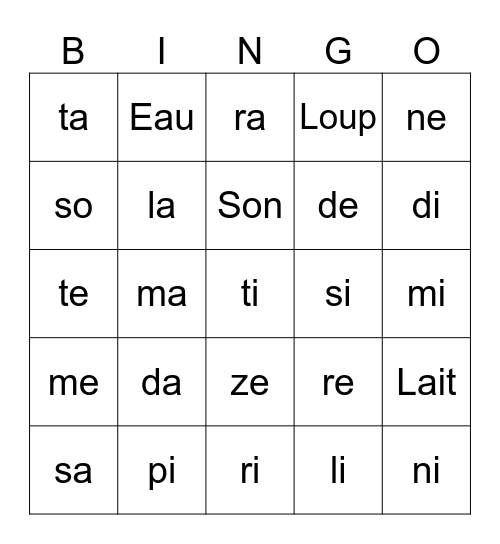 Bingo des Syllabes! Bingo Card