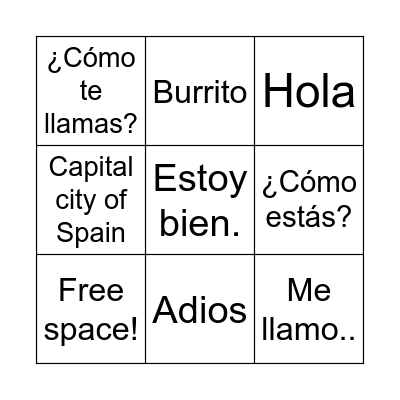 Spanish Lesson 1 Bingo Card