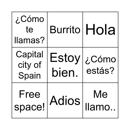 Spanish Lesson 1 Bingo Card