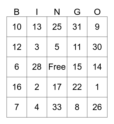 Algebra Bingo Card