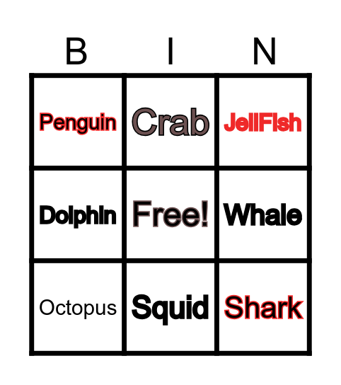 Sea animals Bingo Card