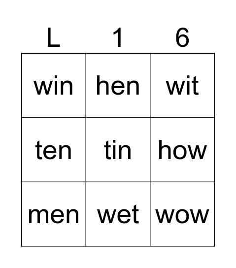 Word Box Lesson 16 Bingo Card