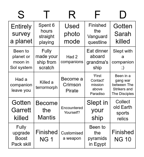 Starfield Bingo Card