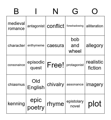 Challenge 2 Literary devices weeks 1-8 Bingo Card