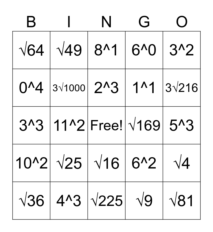 Exponents & Square Roots Bingo Card