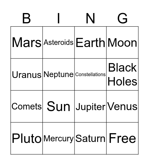 Astronomy Bingo Card