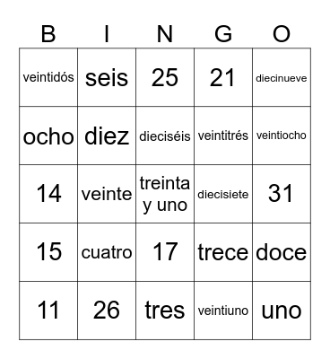 SDL - Spanish Numbers 0-31 (1) Bingo Card