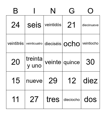 SDL - Spanish Numbers 0-31 (2) Bingo Card