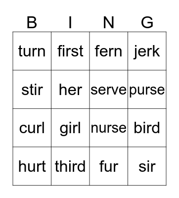 er, ir, ur words Bingo Card