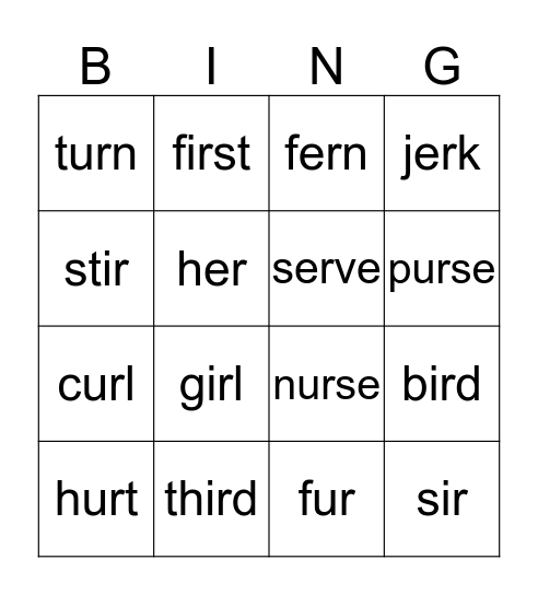 er, ir, ur words Bingo Card
