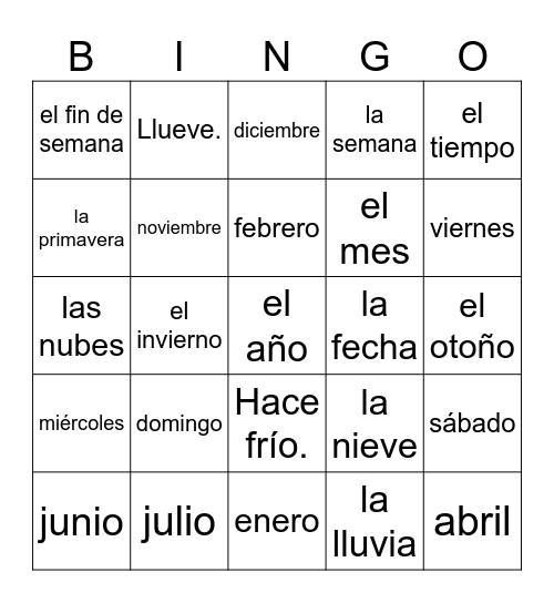 Dias, Meses y Estaciones Bingo Card