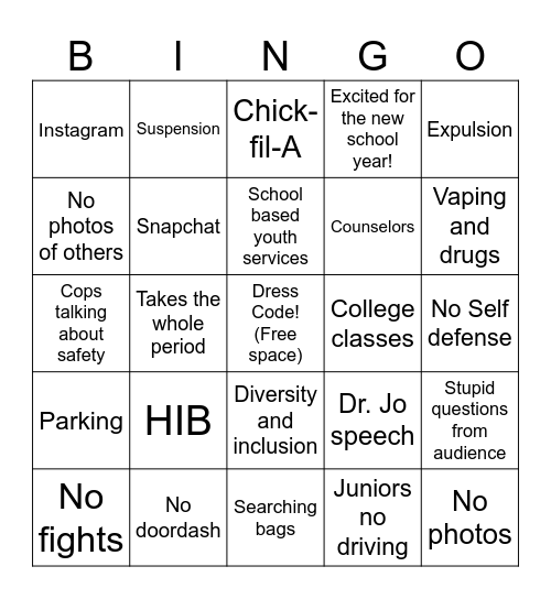 School Assembly Bingo Card