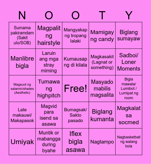 Nooty Bingo Card
