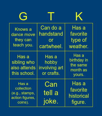 Get to know you Bingo Card