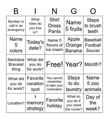 Cognitive Bingo Card