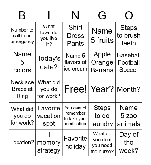 Cognitive Bingo Card