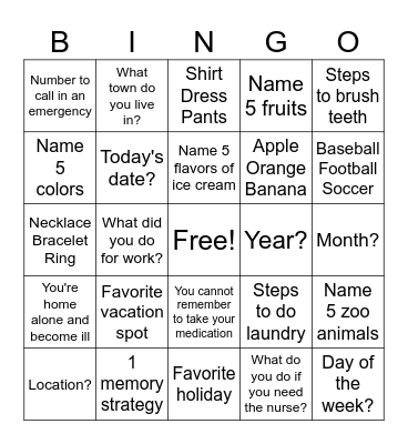 Cognitive Bingo Card