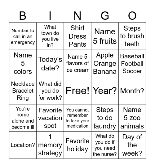 Cognitive Bingo Card