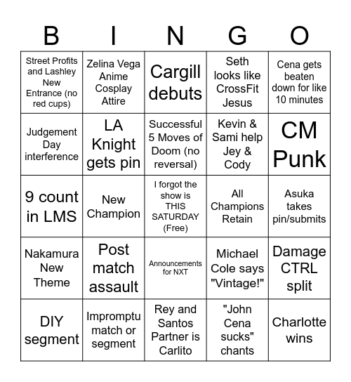 Fastlane Bingo Card