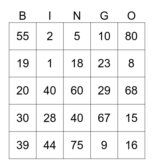 Number Bingo 1-30 Bingo Card