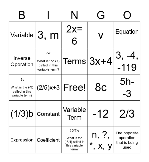 Expression and Equation Vocab Bingo! Bingo Card
