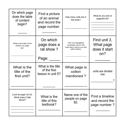 Textbook Scavenger Hunt Bingo Card